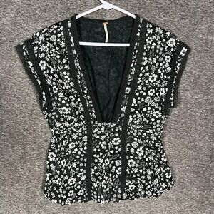 Free People Shirt Womens XS Black Floral‎ Button Front Lace Trim Boho Cotton